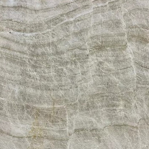 Close-up of Taj Mahal quartzite with soft beige-gray tones and layered natural veining.