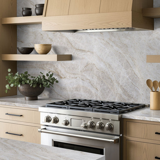 Taj Mahal quartzite backsplash and countertops in a kitchen with light wood cabinets.