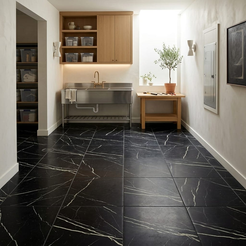 Taurus Black Marble Tile 12x12 Tumbled — Basement floor