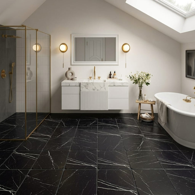 Taurus Black Marble Tile 12x12 Tumbled — Bathroom floor