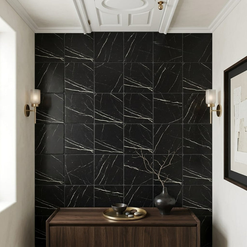 Taurus Black Marble Tile 12x12 Tumbled — Hallway floor