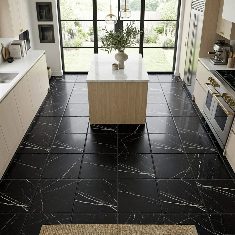 Taurus Black Marble Tile 12x12 Tumbled — Kitchen floor