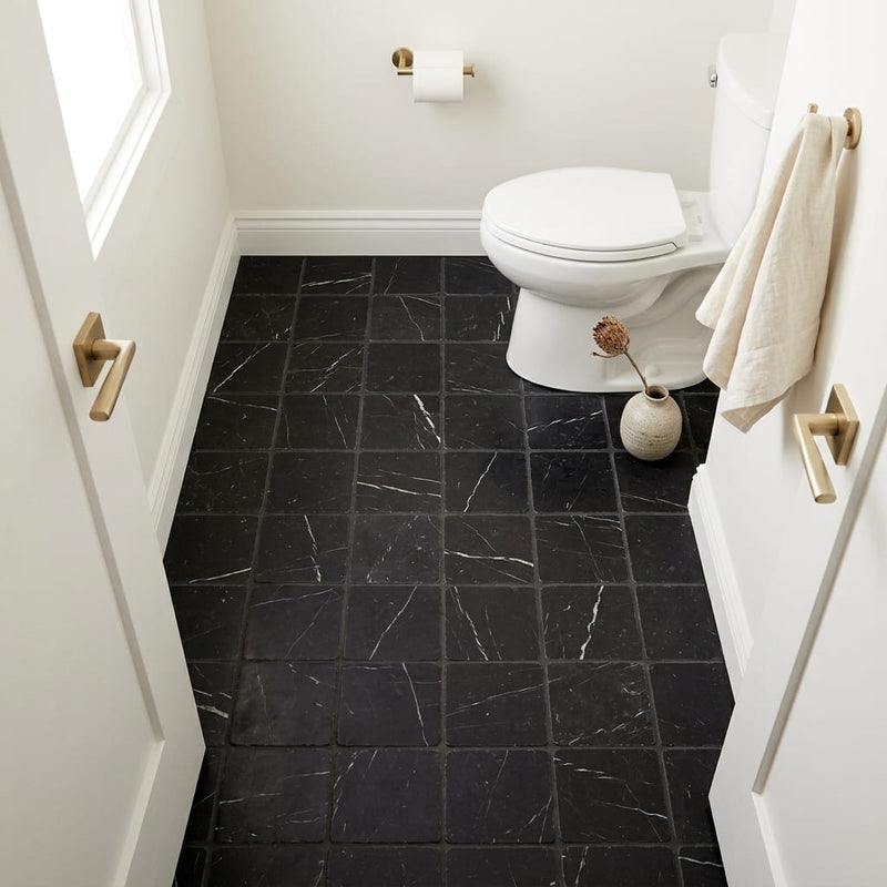 Taurus Black Marble Tile 6x6 Tumbled — Bathroom floor