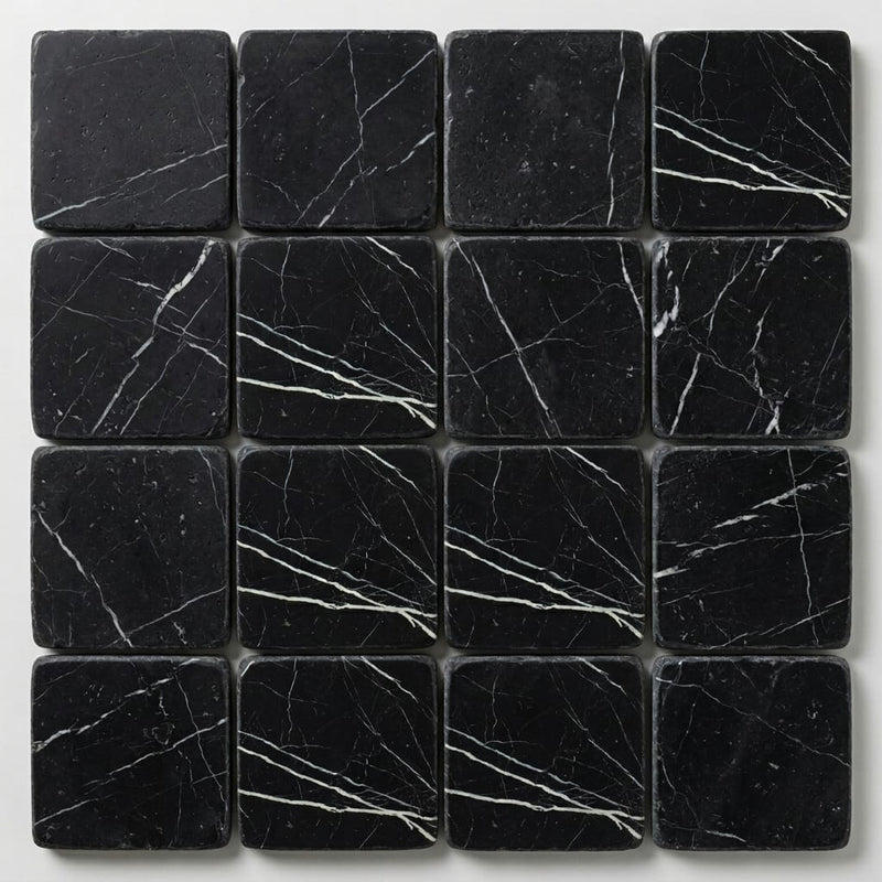 Taurus Black Marble Tile 6x6 Tumbled close-up