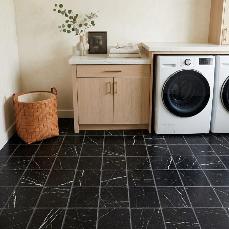 Taurus Black Marble Tile 6x6 Tumbled — Laundry Room floor