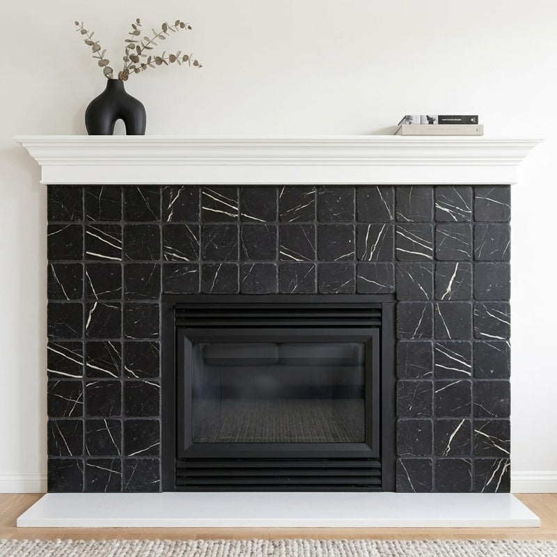Taurus Black Marble Tile 6x6 Tumbled — Living Room fireplace surround
