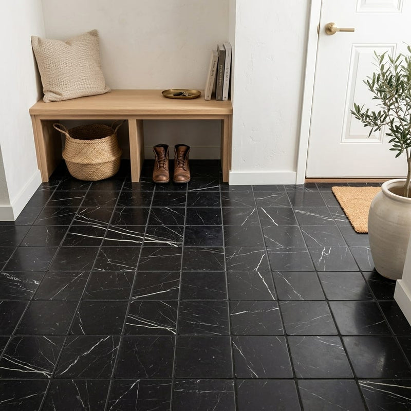 Taurus Black Marble Tile 6x6 Tumbled — Mudroom floor