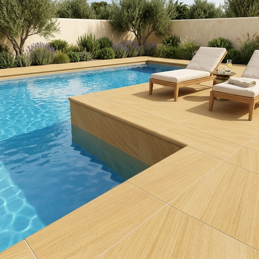 Teak Wood Sandstone Coping 12x24 Sandblasted Bullnose 1.25 inch pool coping — Swimming Pool pool edge drop-face coping