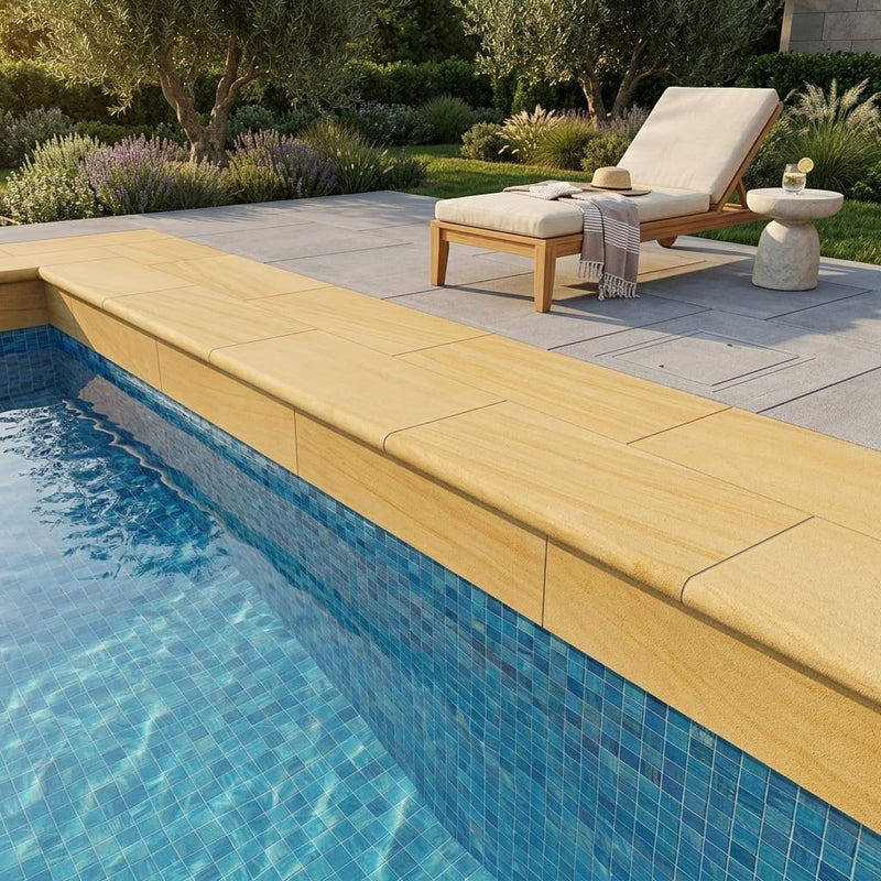 Teak Wood Sandstone Coping 12x24 Sandblasted Bullnose 1.25 inch pool coping — Swimming Pool remodel pool edge