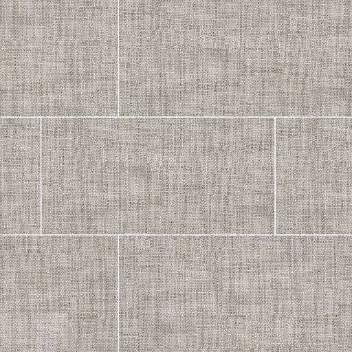 TekTile Crosshatch Gray 12x24 matte porcelain tiles with a gray woven fabric look pattern in a staggered layout.
