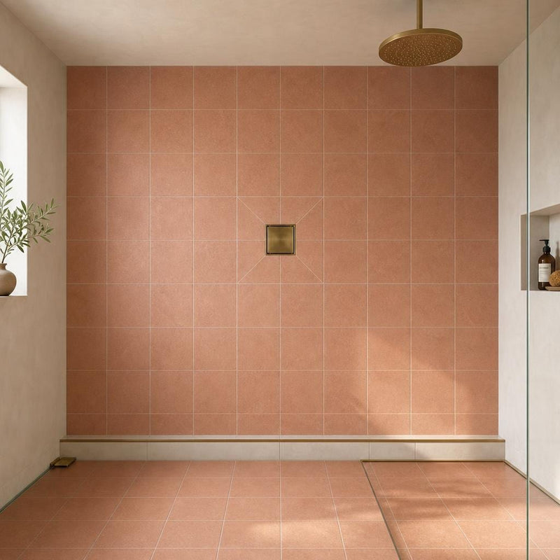 Terracota Teja 7.9x7.9 Natural Terracota Tile 8x8 — Bathroom shower floor