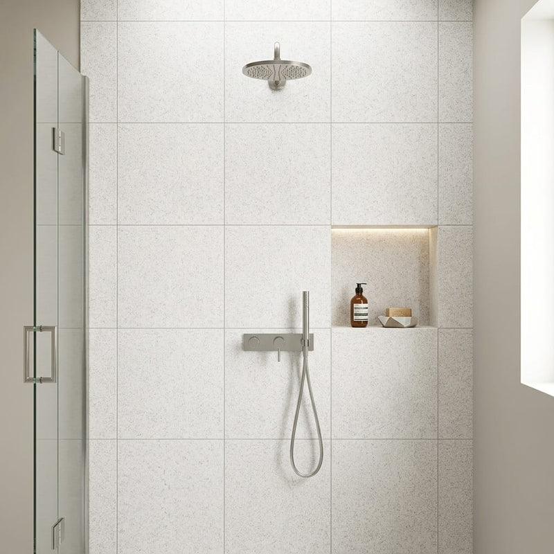 Terrazzo White 24x24 Porcelain Tile — Bathroom shower wall