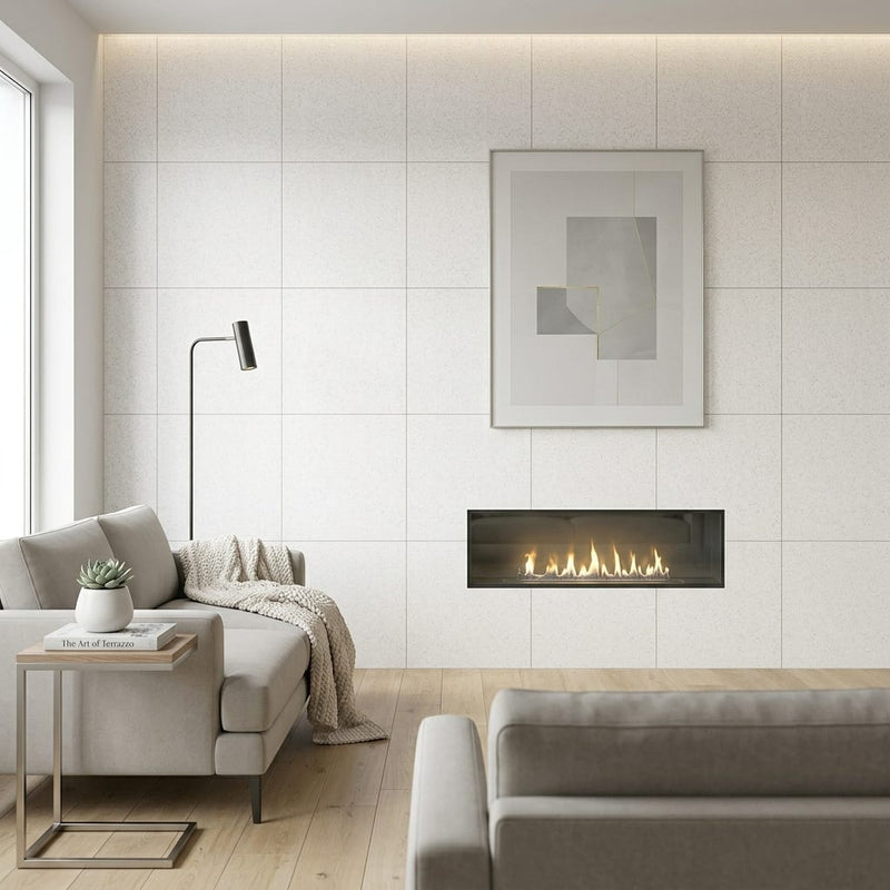Terrazzo White 24x24 Porcelain Tile — Living Room feature wall