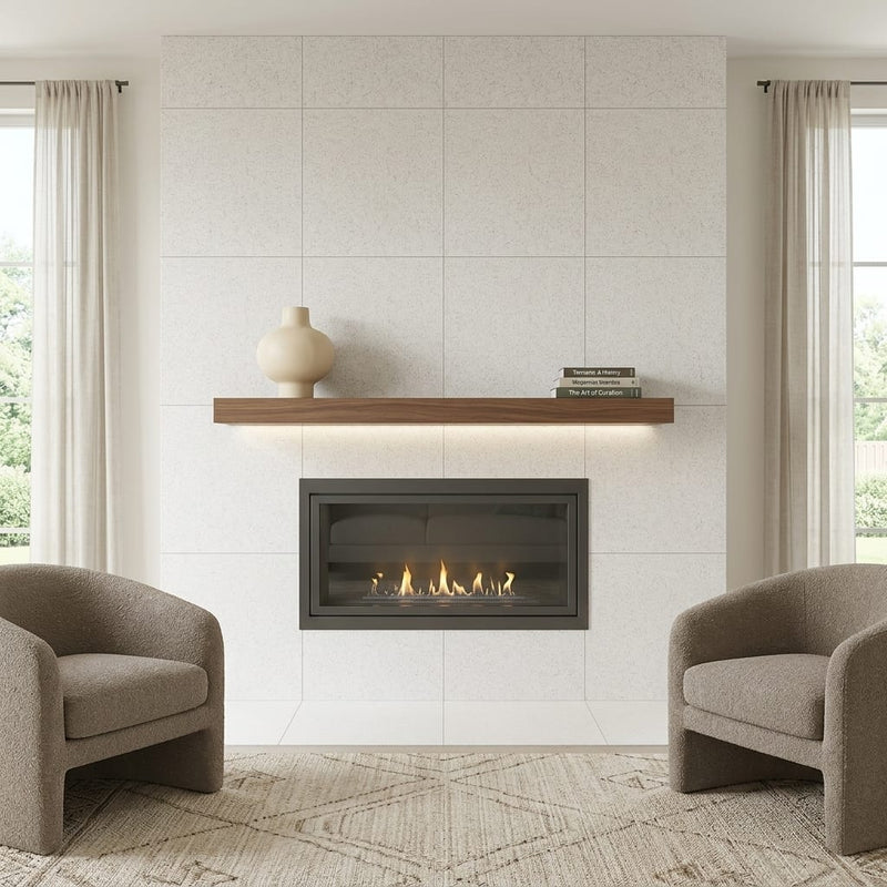 Terrazzo White 24x24 Porcelain Tile — Living Room fireplace surround