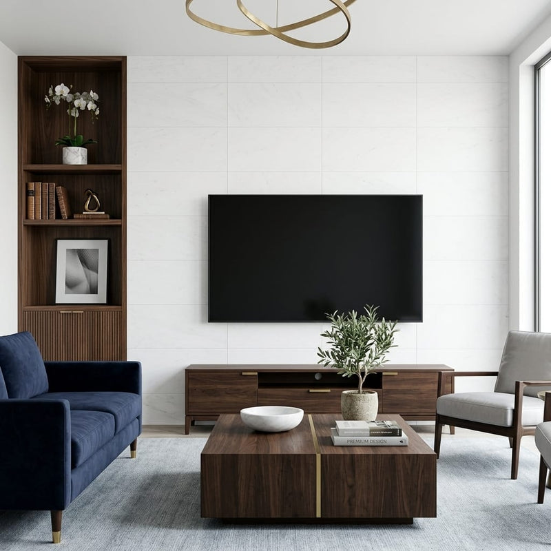 Thassos CLASSIC White Honed 12x24 Marble Tile — Living Room feature wall