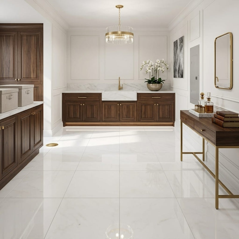 Thassos CLASSIC White Polished 12x12 Marble Tile — Basement floor