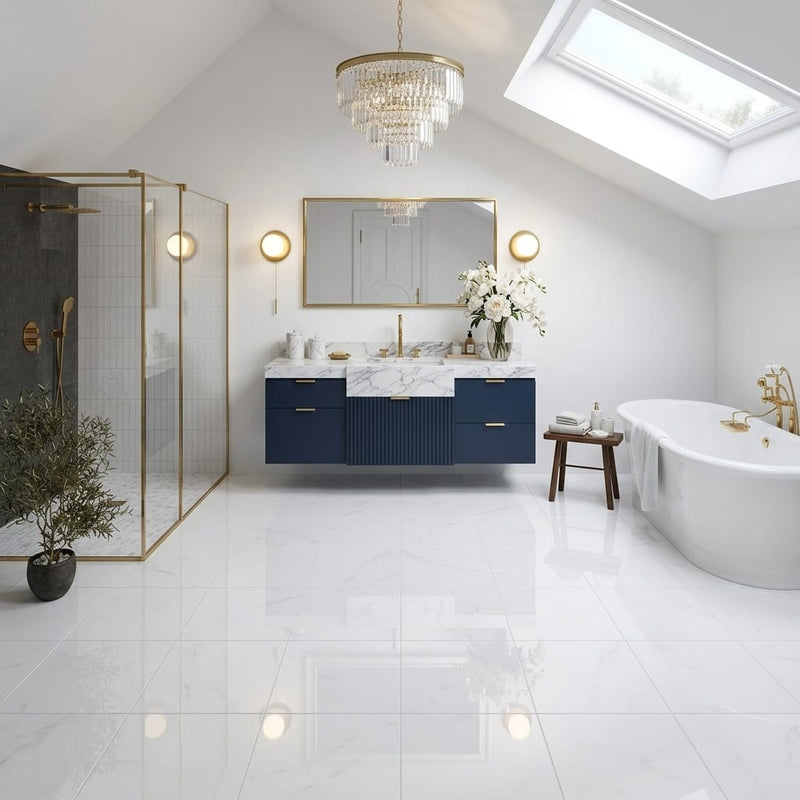Thassos CLASSIC White Polished 12x12 Marble Tile — Bathroom floor