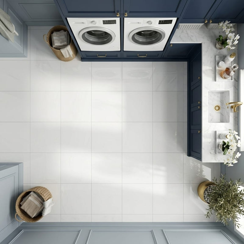 Thassos CLASSIC White Polished 12x12 Marble Tile — Laundry Room floor