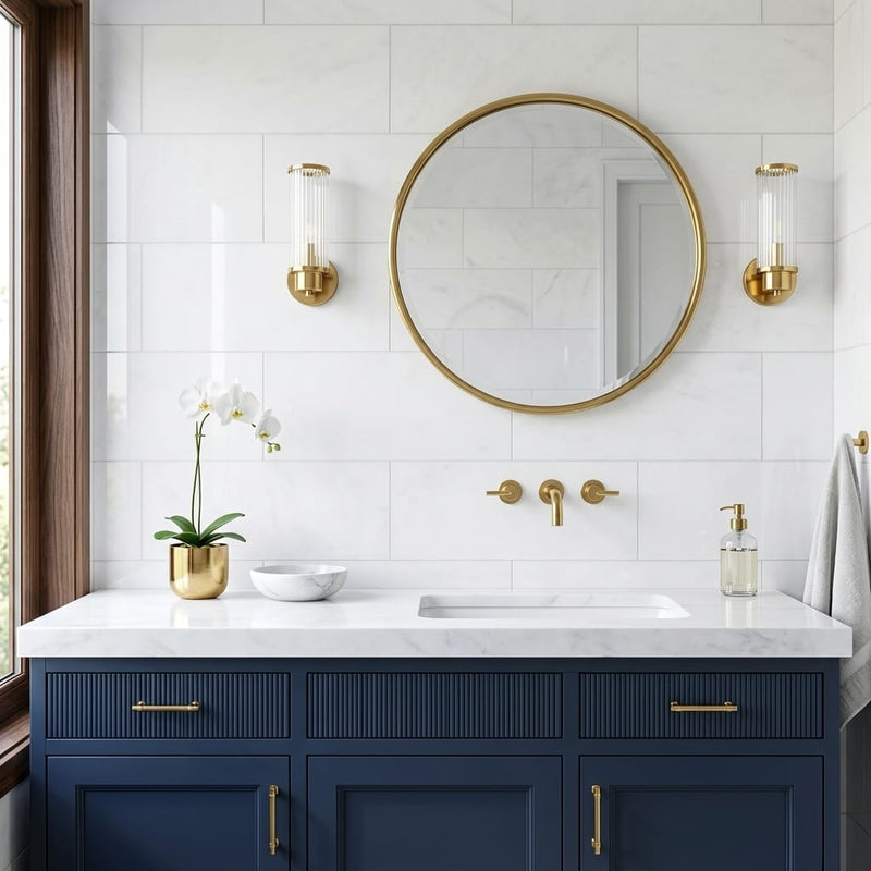 Thassos CLASSIC White Polished 12x24 Marble Tile — Bathroom vanity wall
