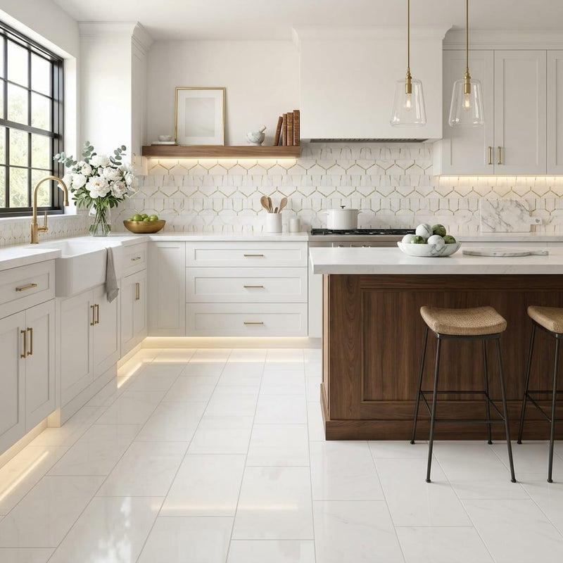 Thassos CLASSIC White Polished 12x24 Marble Tile — Kitchen floor