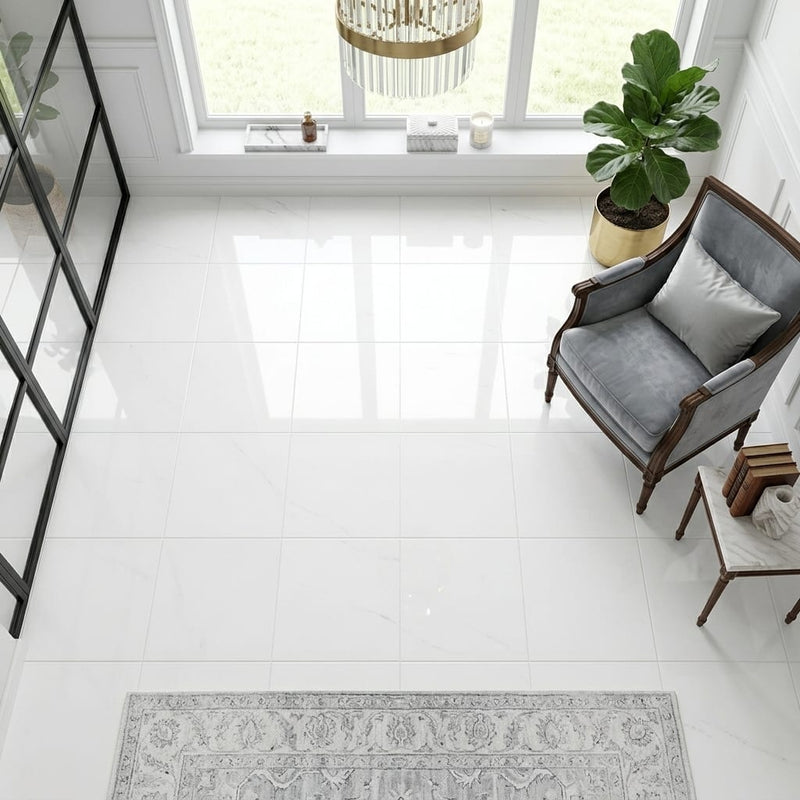 Thassos PREMIUM White Polished 12x12 Marble Tile — Sunroom floor