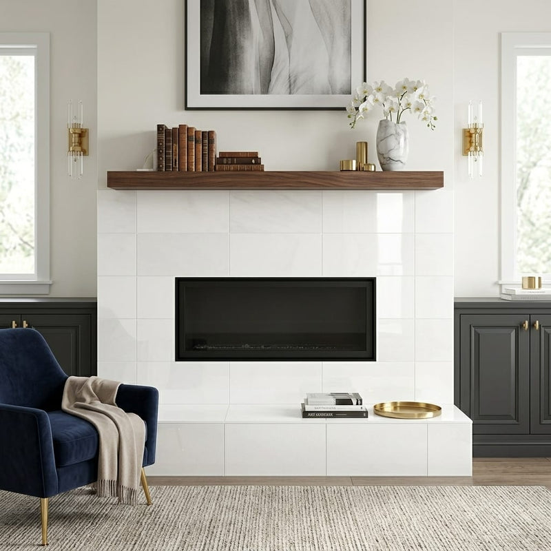 Thassos PREMIUM White Polished 12x24 Marble Tile — Living Room fireplace surround