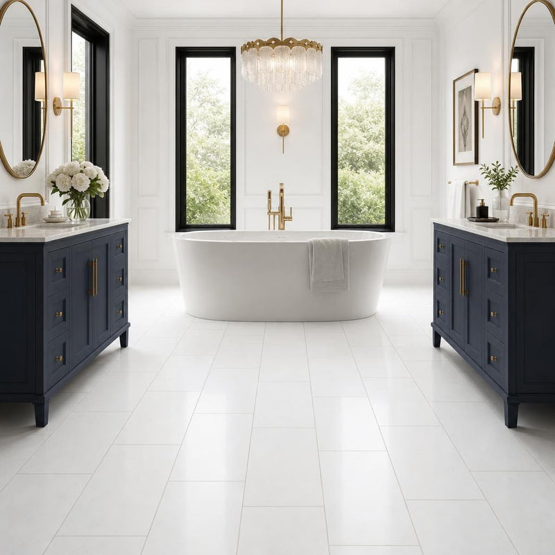 Thassos White 12x24 Polished Natural Marble Tile — Bathroom floor