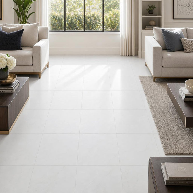 Thassos White 18x18 Honed Natural Marble Tile — Family Room floor