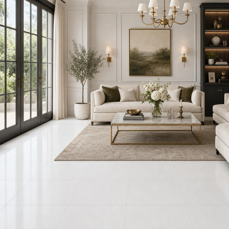 Thassos White 18x18 Honed Natural Marble Tile — Living Room floor