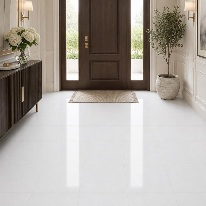 Thassos White 18x18 Polished Marble Tile — Foyer floor