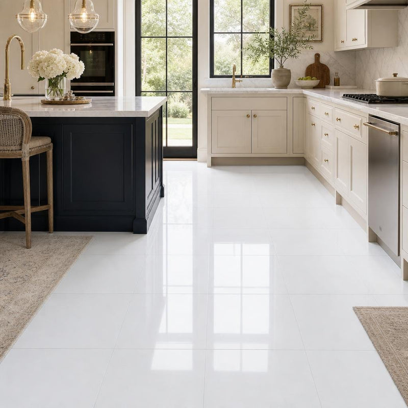 Thassos White 18x18 Polished Marble Tile — Kitchen floor