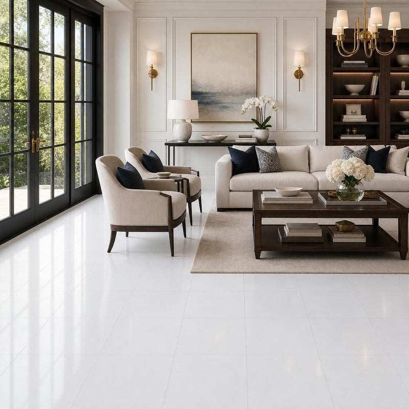Thassos White 18x18 Polished Marble Tile — Living Room floor