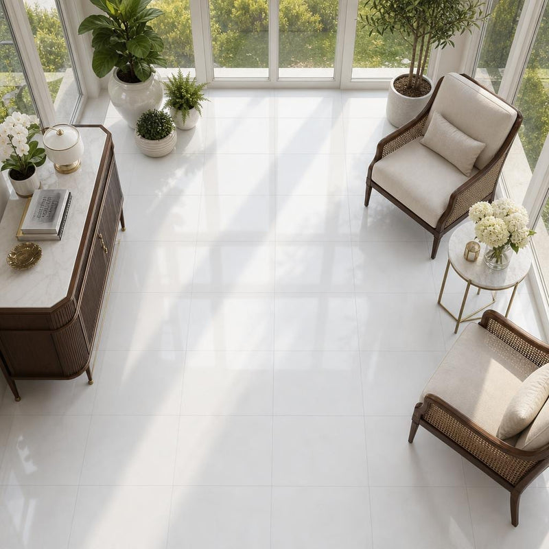 Thassos White 18x18 Polished Marble Tile — Sunroom floor