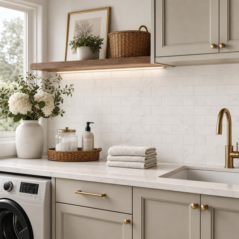 Thassos White 3x6 Subway Honed Marble Tile — Laundry Room backsplash