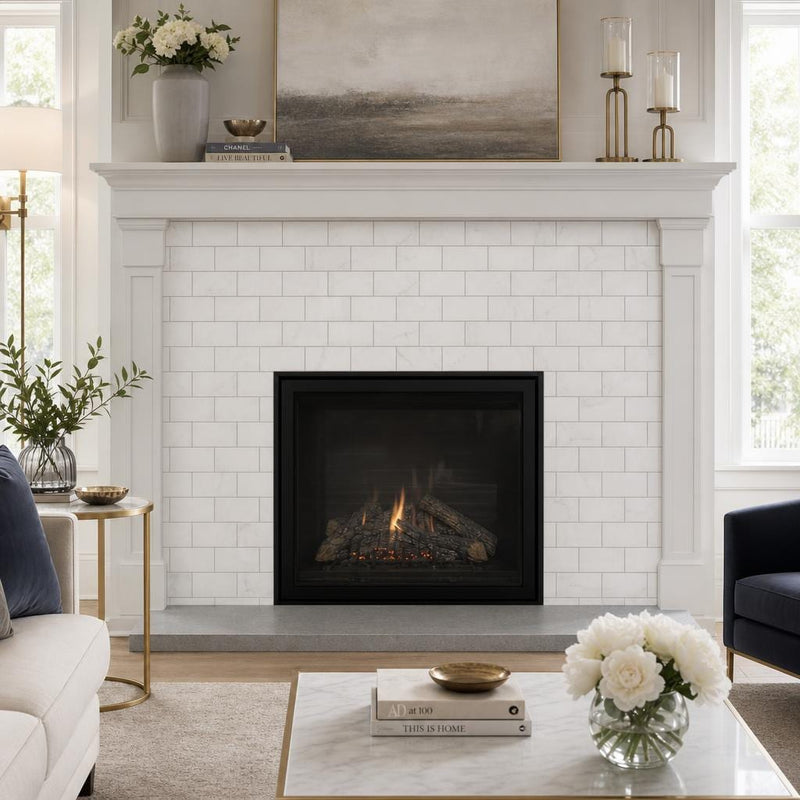 Thassos White 3x6 Subway Honed Marble Tile — Living Room fireplace surround