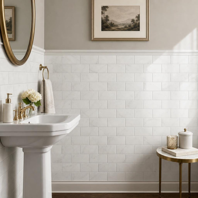 Thassos White 3x6 Subway Honed Marble Tile — Powder Room wainscot