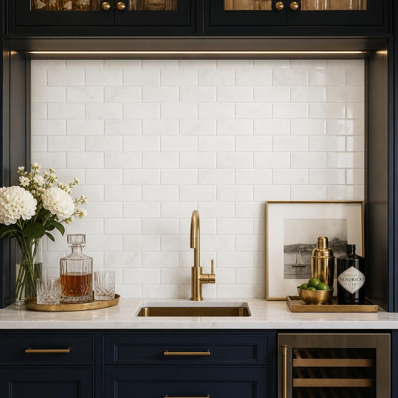Thassos White 3x6 Subway Honed Marble Tile — Wet Bar backsplash