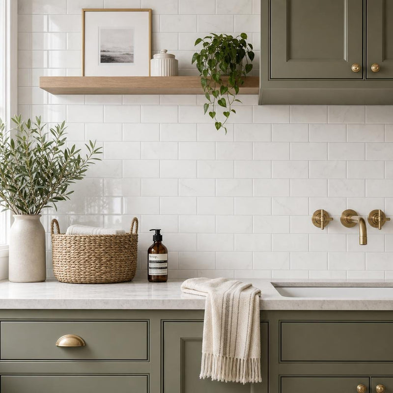 Thassos White 3x6 Subway Polished Marble Tile — Laundry Room backsplash