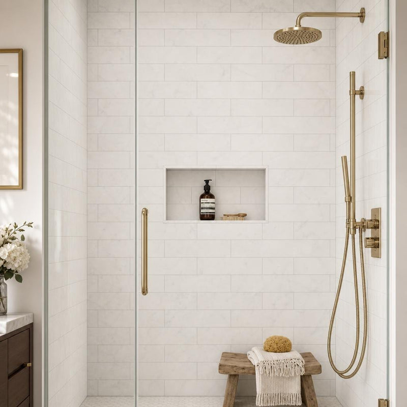 Thassos White 4x12 Subway Honed Marble Tile — Bathroom shower wall