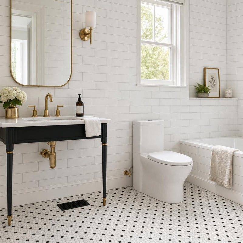 Thassos White 4x12 Subway Honed Marble Tile — Bathroom wall