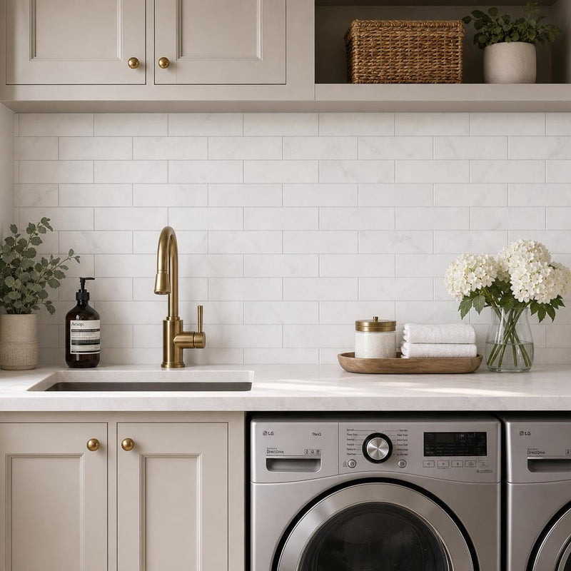 Thassos White 4x12 Subway Honed Marble Tile — Laundry Room backsplash