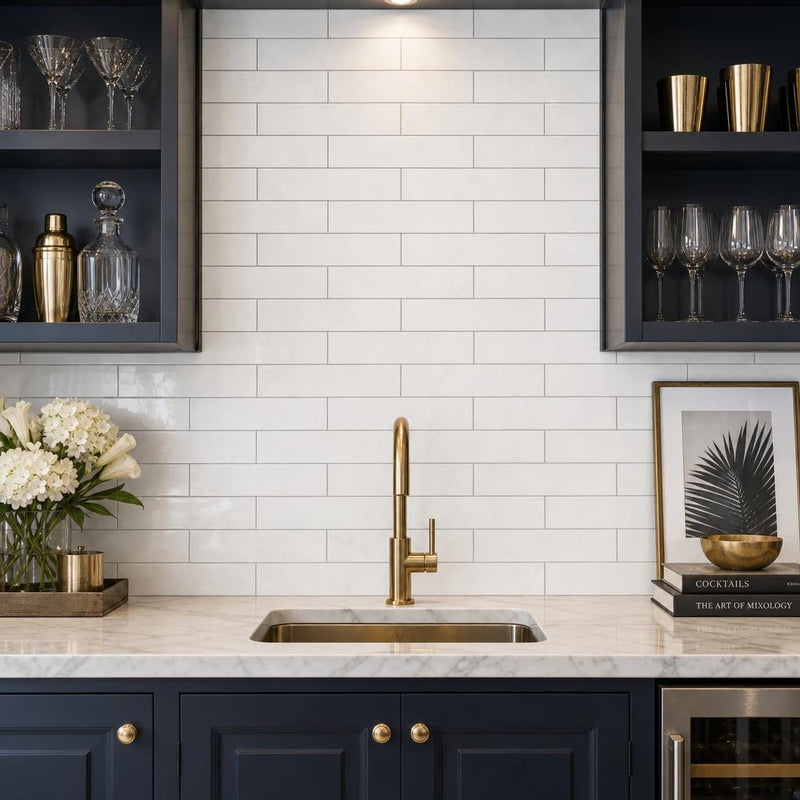 Thassos White 4x12 Subway Polished Marble Tile — Wet Bar backsplash