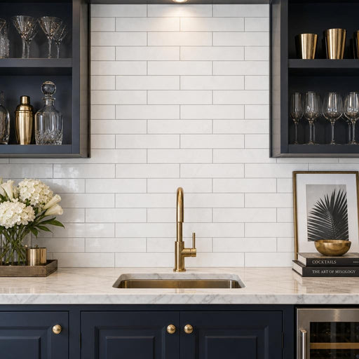 Thassos White 4x12 Subway Polished Marble Tile — Wet Bar backsplash