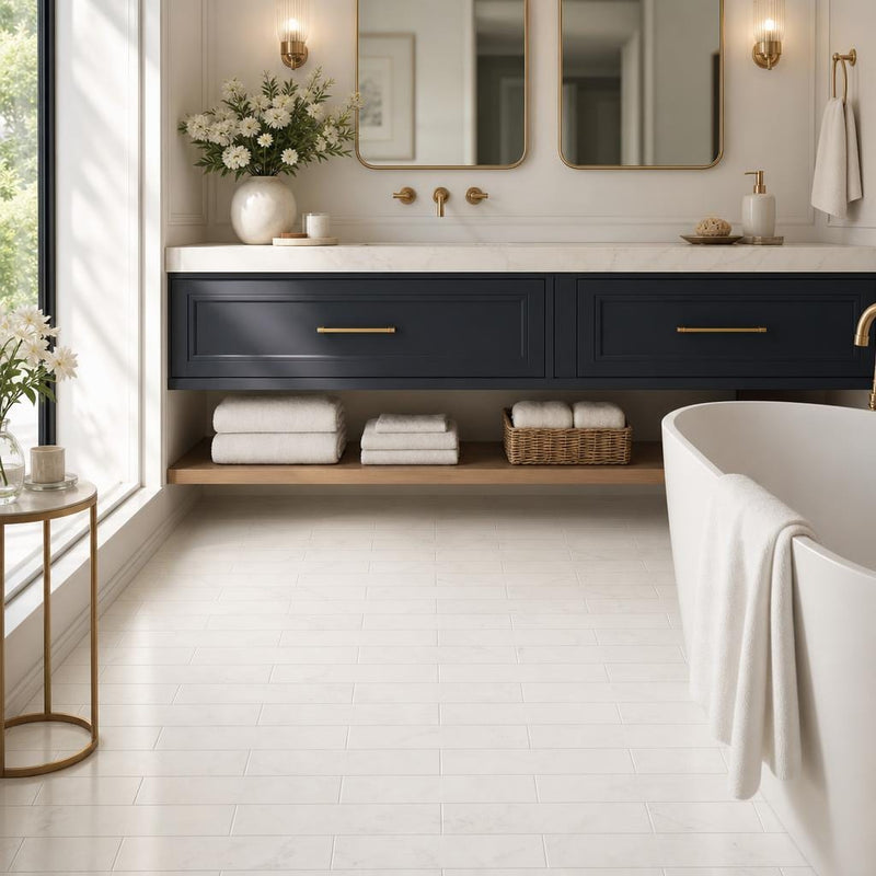 Thassos White 6x12 Subway Polished Marble Tile — Bathroom floor