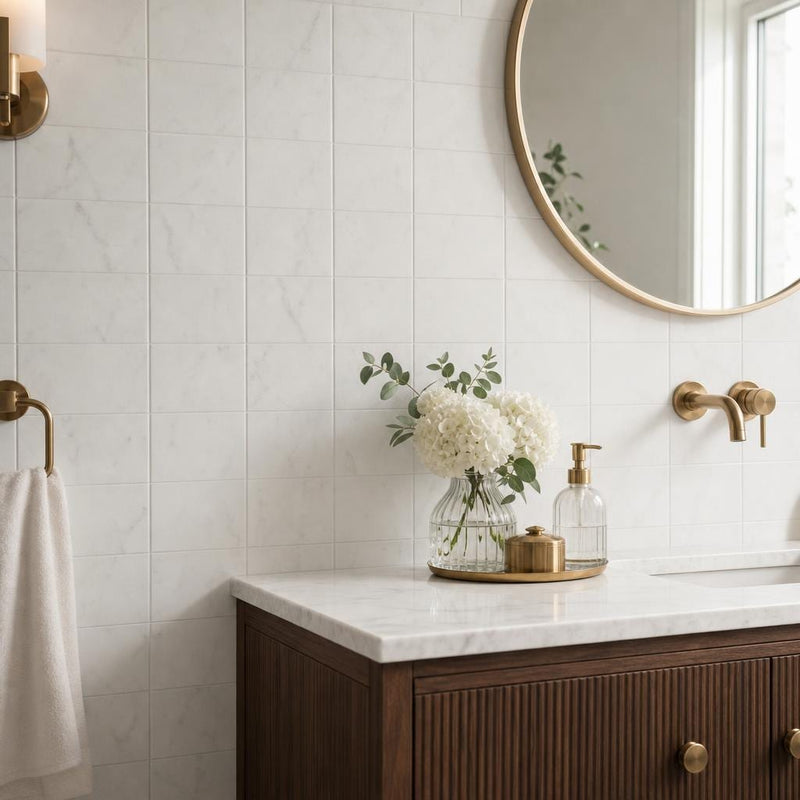 Thassos White 6x12 Subway Polished Marble Tile — Bathroom wall