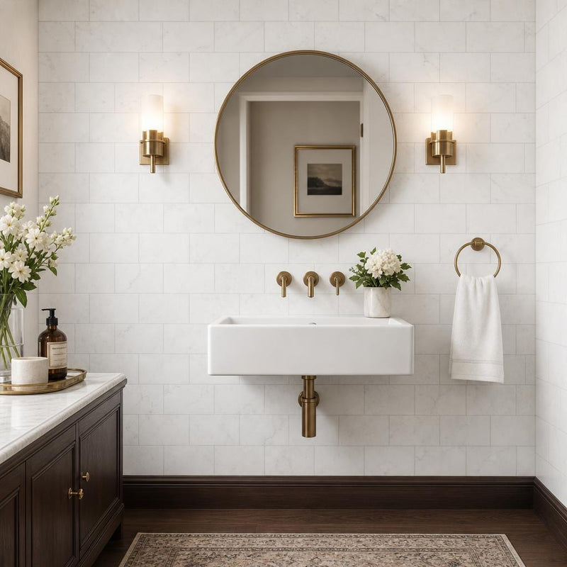 Thassos White 6x12 Subway Polished Marble Tile — Powder Room wall