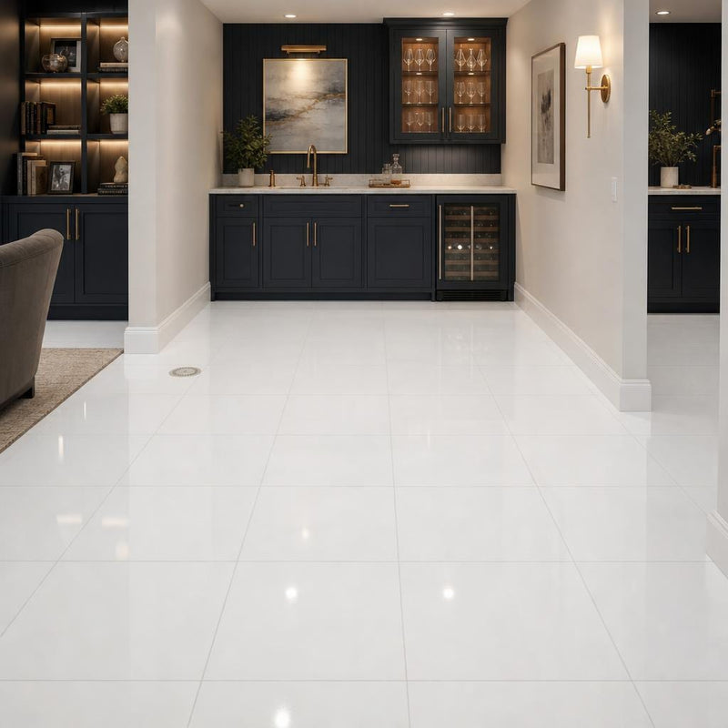 Thassos White AA Select 12x12 Polished Natural Marble Tile — Basement floor
