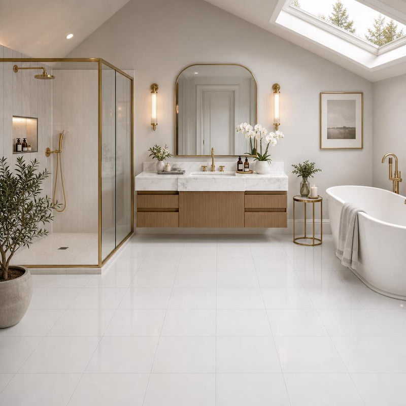 Thassos White AA Select 12x12 Polished Natural Marble Tile — Bathroom floor