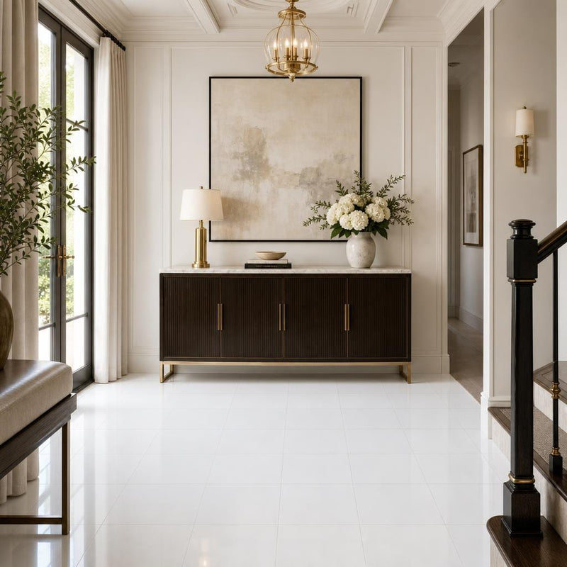 Thassos White AA Select 12x12 Polished Natural Marble Tile — Hallway floor
