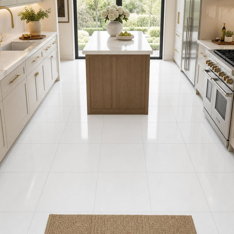 Thassos White AA Select 12x12 Polished Natural Marble Tile — Kitchen floor
